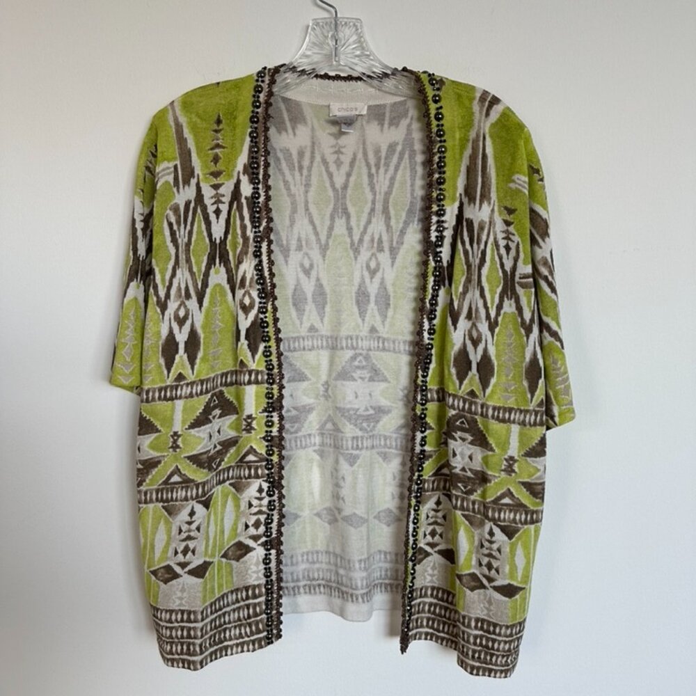 Chicos Ikat Print Open Cardigan Short Sleeve Size 3 in Green / brown